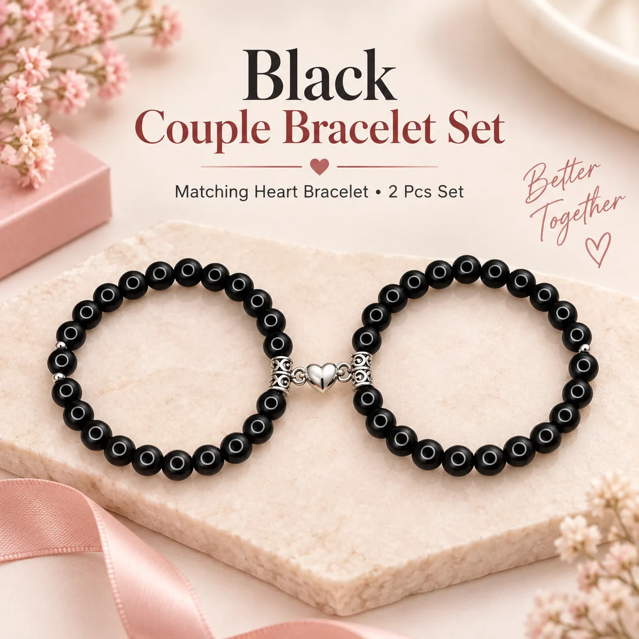Matching Heart Black Couple Bracelet Set – 2 Pcs